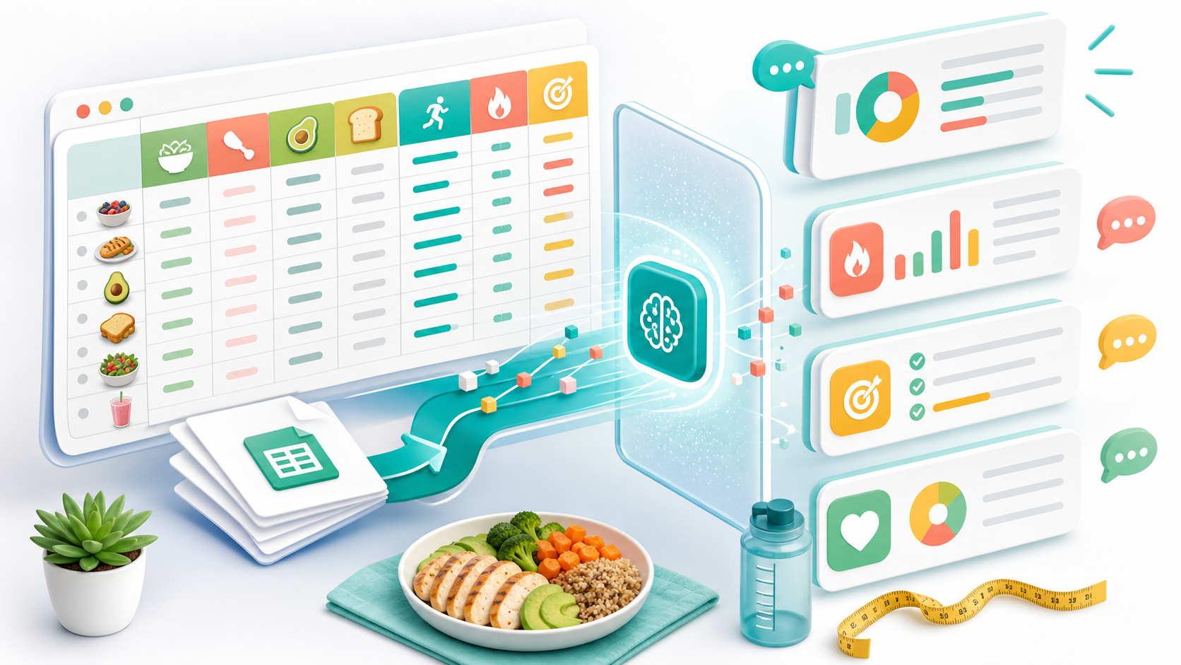Illustration of a diary export with activity and goal data being analyzed by AI.