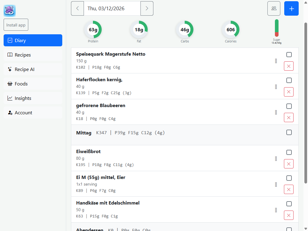 Desktop screenshot of the Octi8 diary view with today's logged foods.