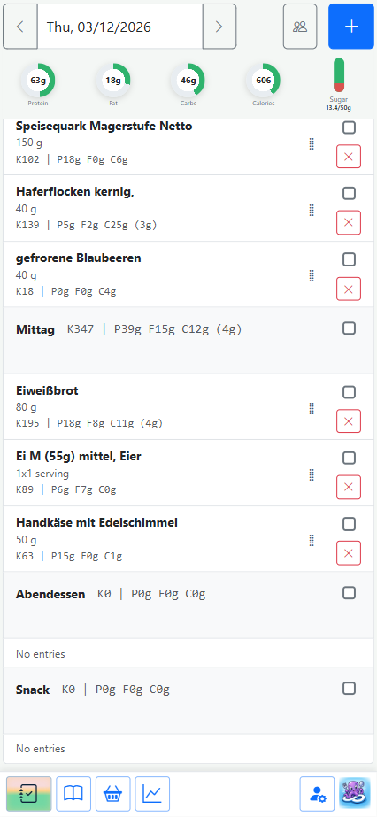 Mobile screenshot of the Octi8 diary view with today's logged foods.