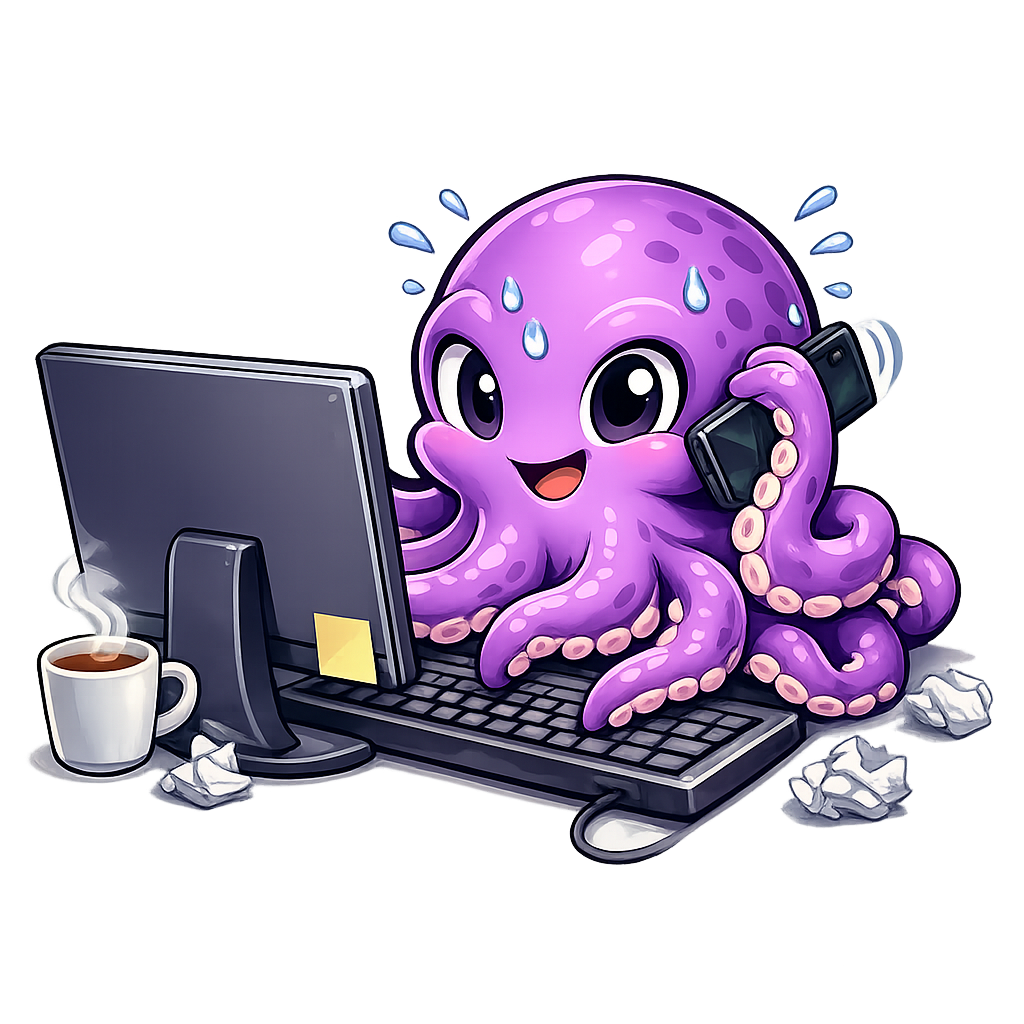 Octi8 octopus mascot handling support requests at a desk.